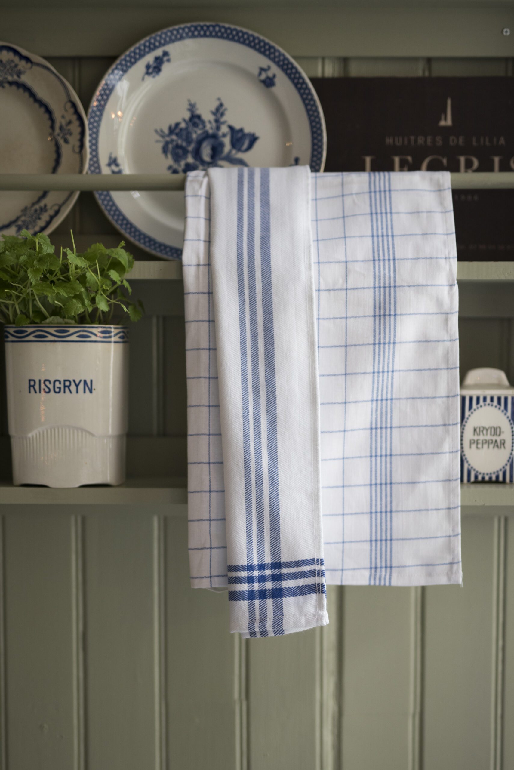 Kökshandduk Vit med Blå rand